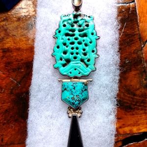 Vintage Old Pawn Darla N. Sterling Silver, Turquoise, & Onyx Pendant Brooch